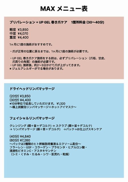 巻き爪＆癒やしの隠れ家サロン MAX メニュー